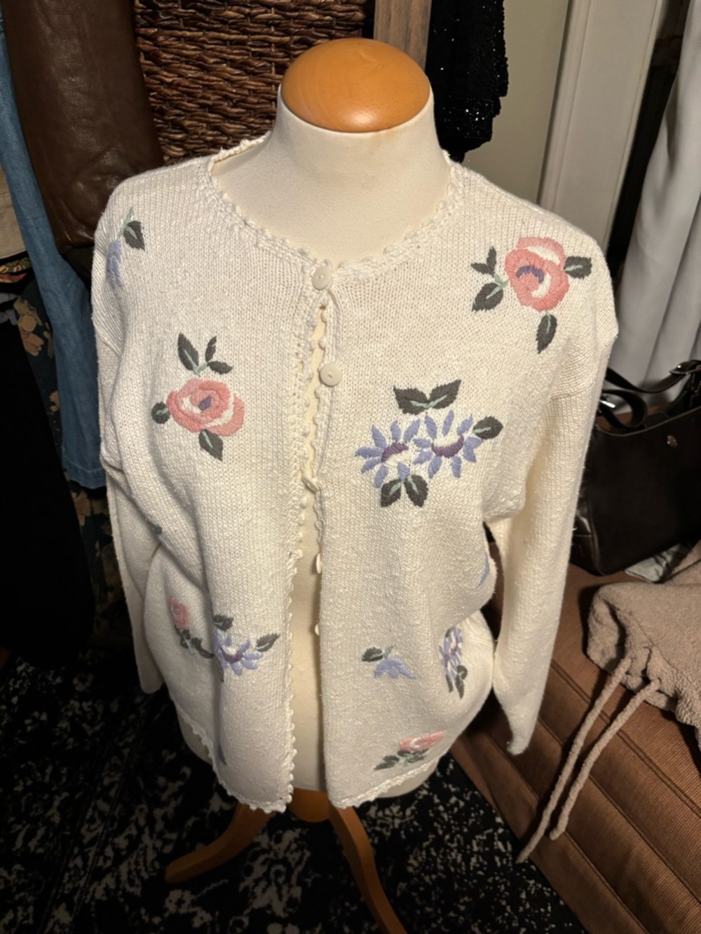 Vintage Cream Cardigan with Pink and Lavender Floral Embroidery